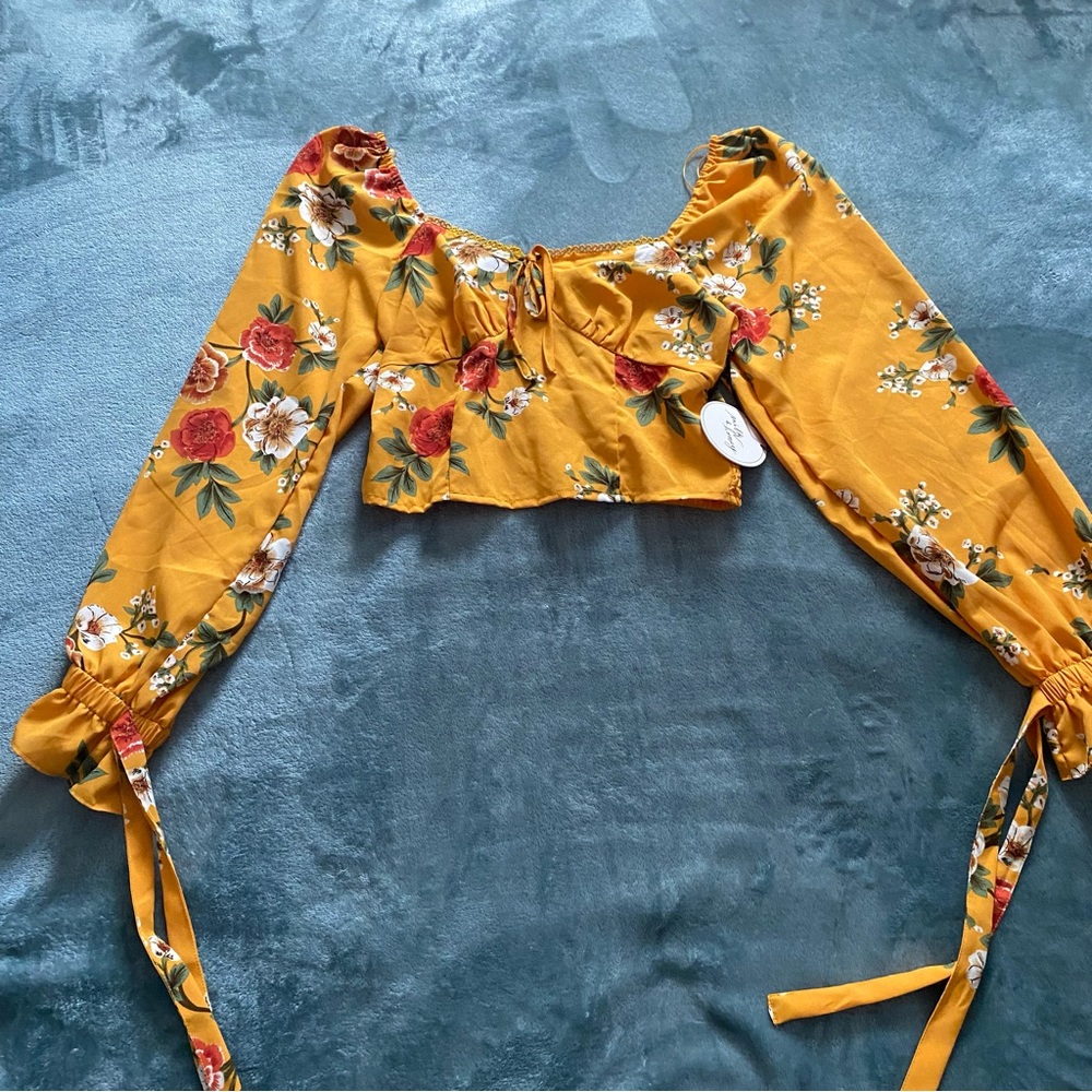 Milk and honey mustard colored floral crop top